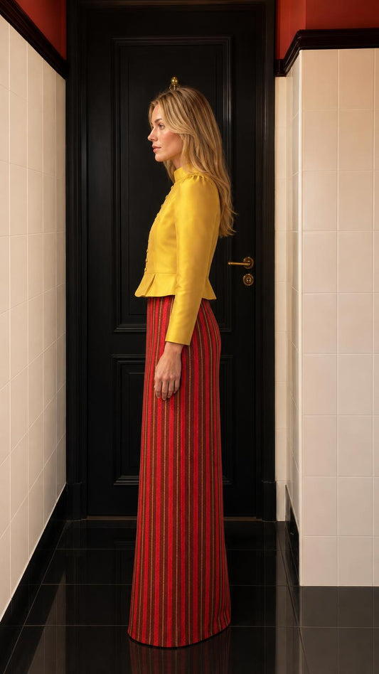 Side profile view of yellow jacket and striped maxi skirt set