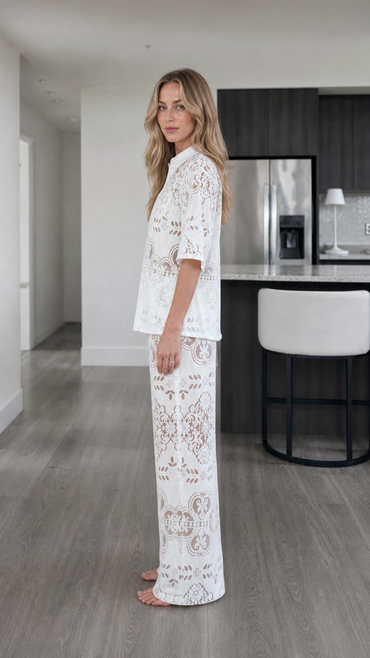 Side profile view of woman in white lace matching set