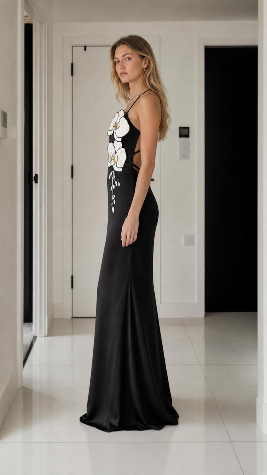 Elegance 3D Floral Applique Satin Maxi Dress in black, side profile view