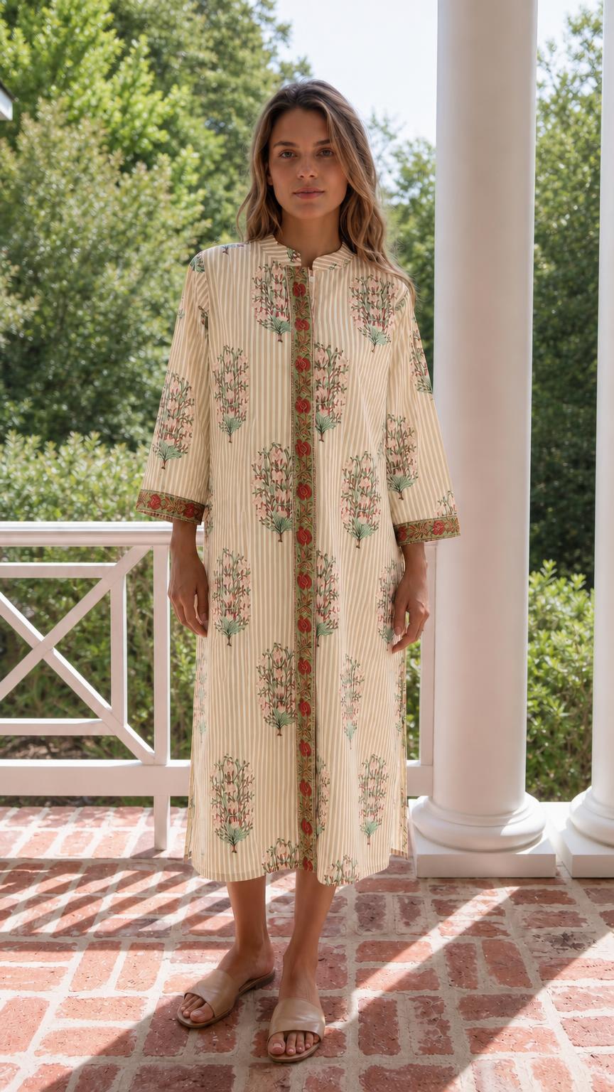 Front view of model wearing beige striped floral midi dress