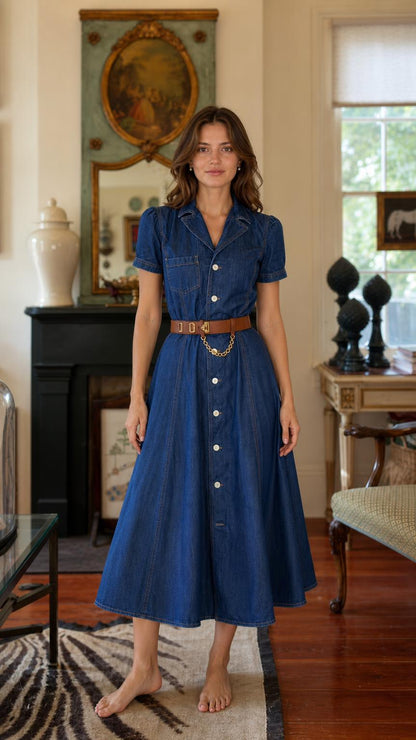 Front view of woman wearing a blue denim midi shirt dress with belt