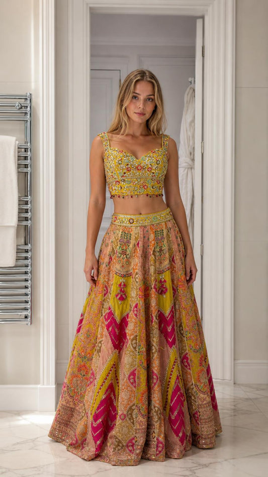 Front view of woman wearing yellow embroidered crop top and lehenga set