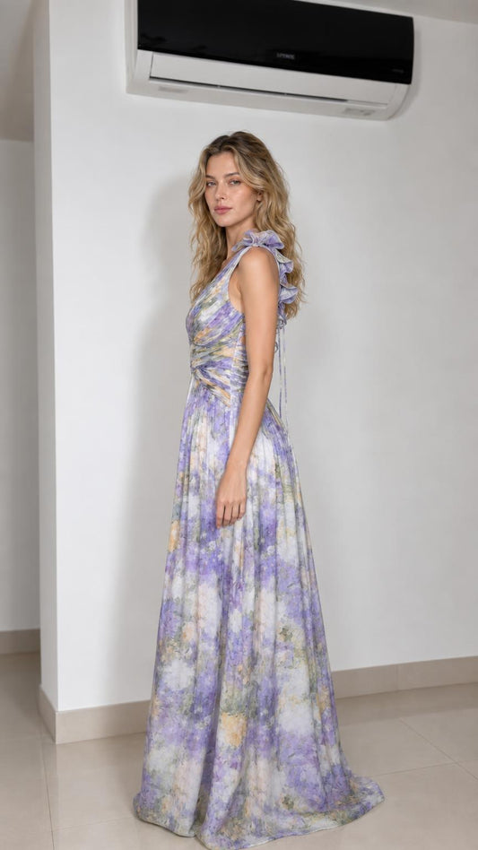 Side view of model in lavender floral long dress