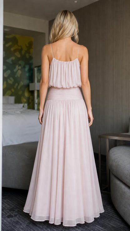 Back view of pink flowy maxi dress