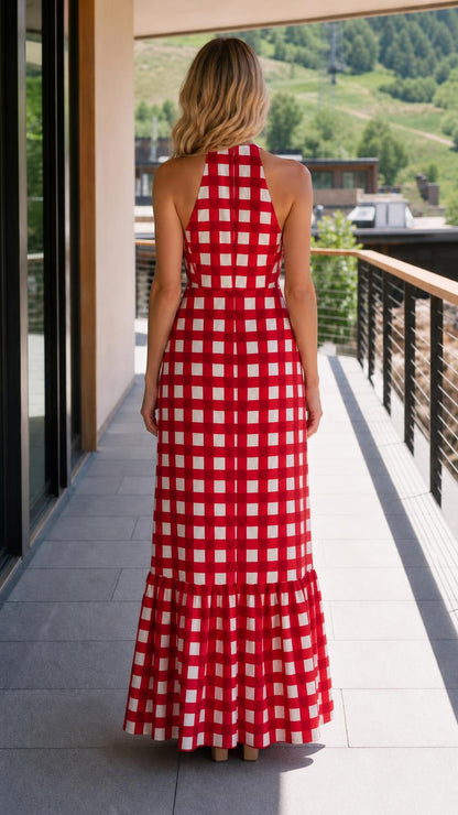 Back view of woman wearing red gingham maxi dress