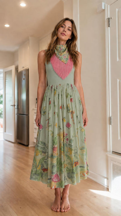 Front view of sage green color variant of the floral midi dress