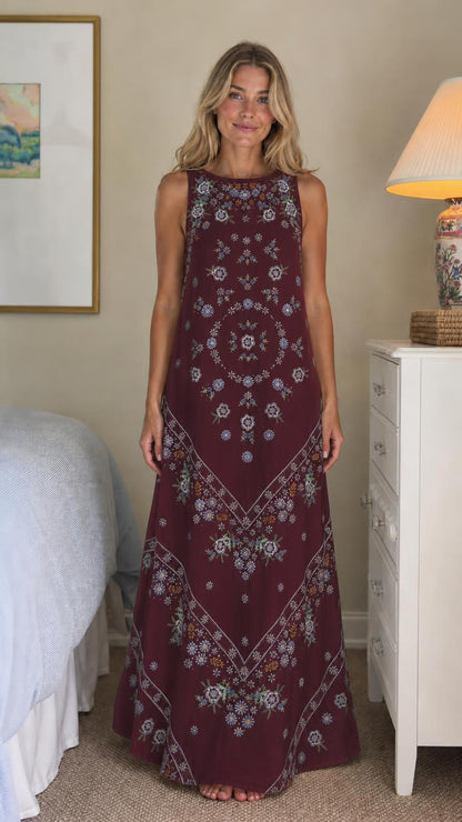 Front view of burgundy floral embroidered maxi dress