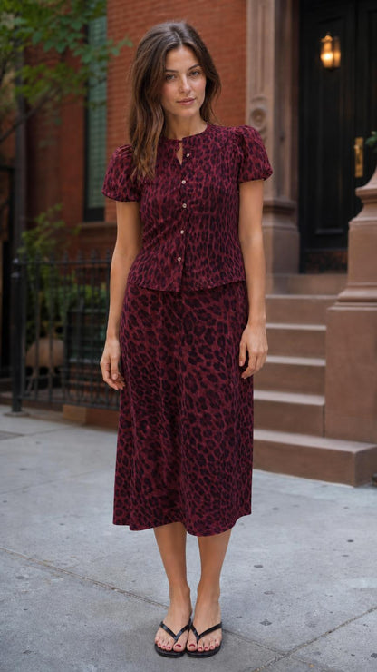 Front full view of woman wearing burgundy leopard print matching set