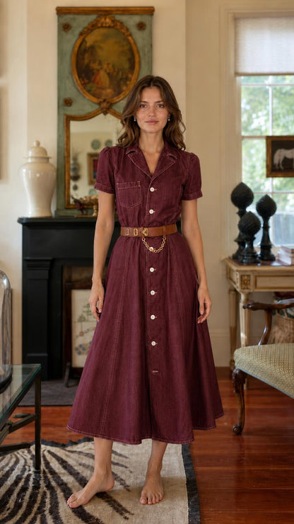 Woman wearing burgundy denim midi shirt dress