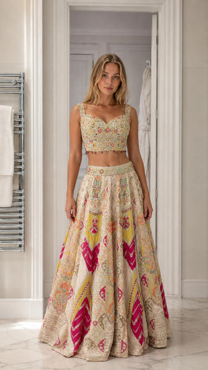 Woman wearing cream embroidered crop top and lehenga skirt set