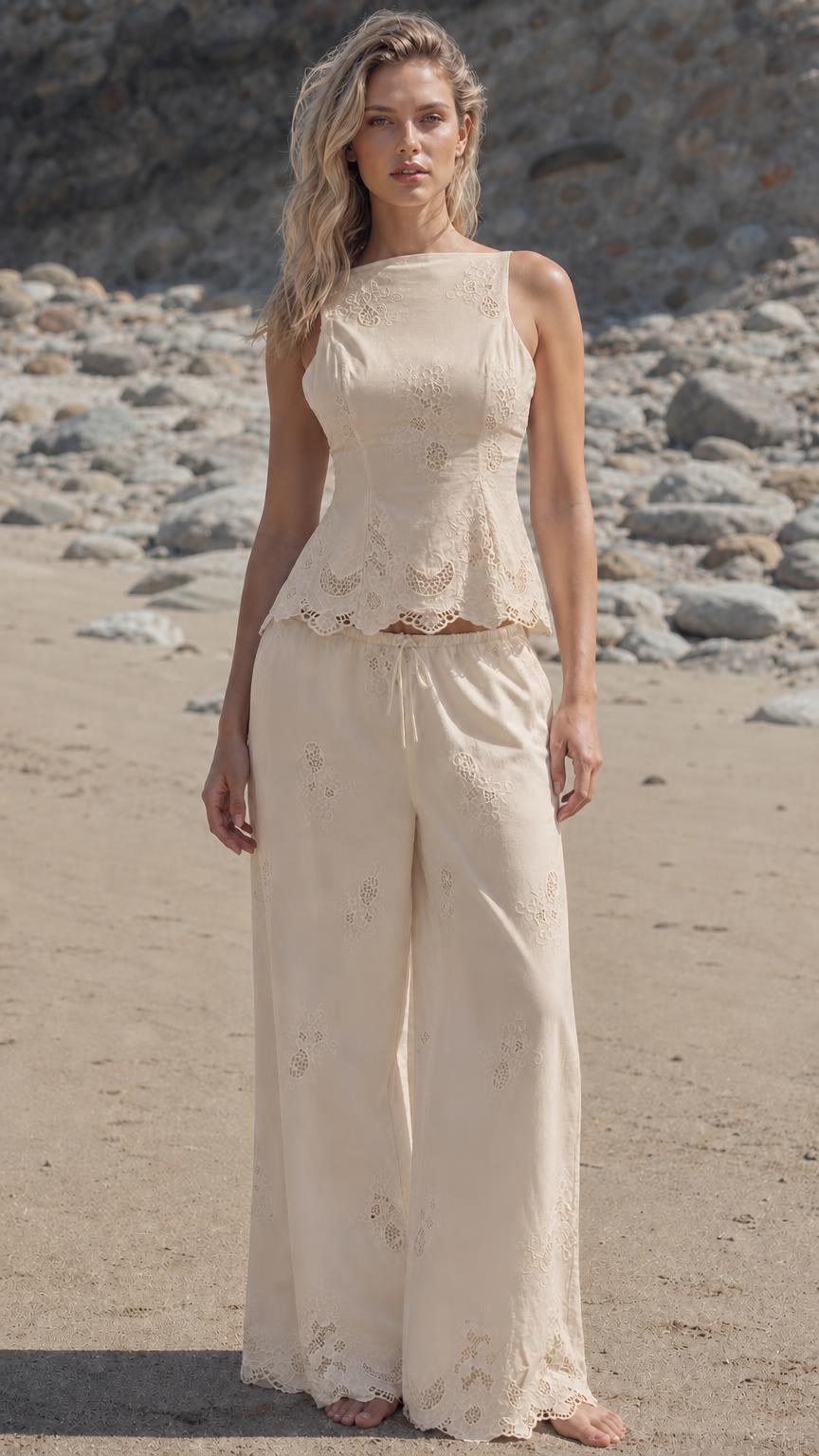 Woman wearing beige embroidered two-piece resort outfit