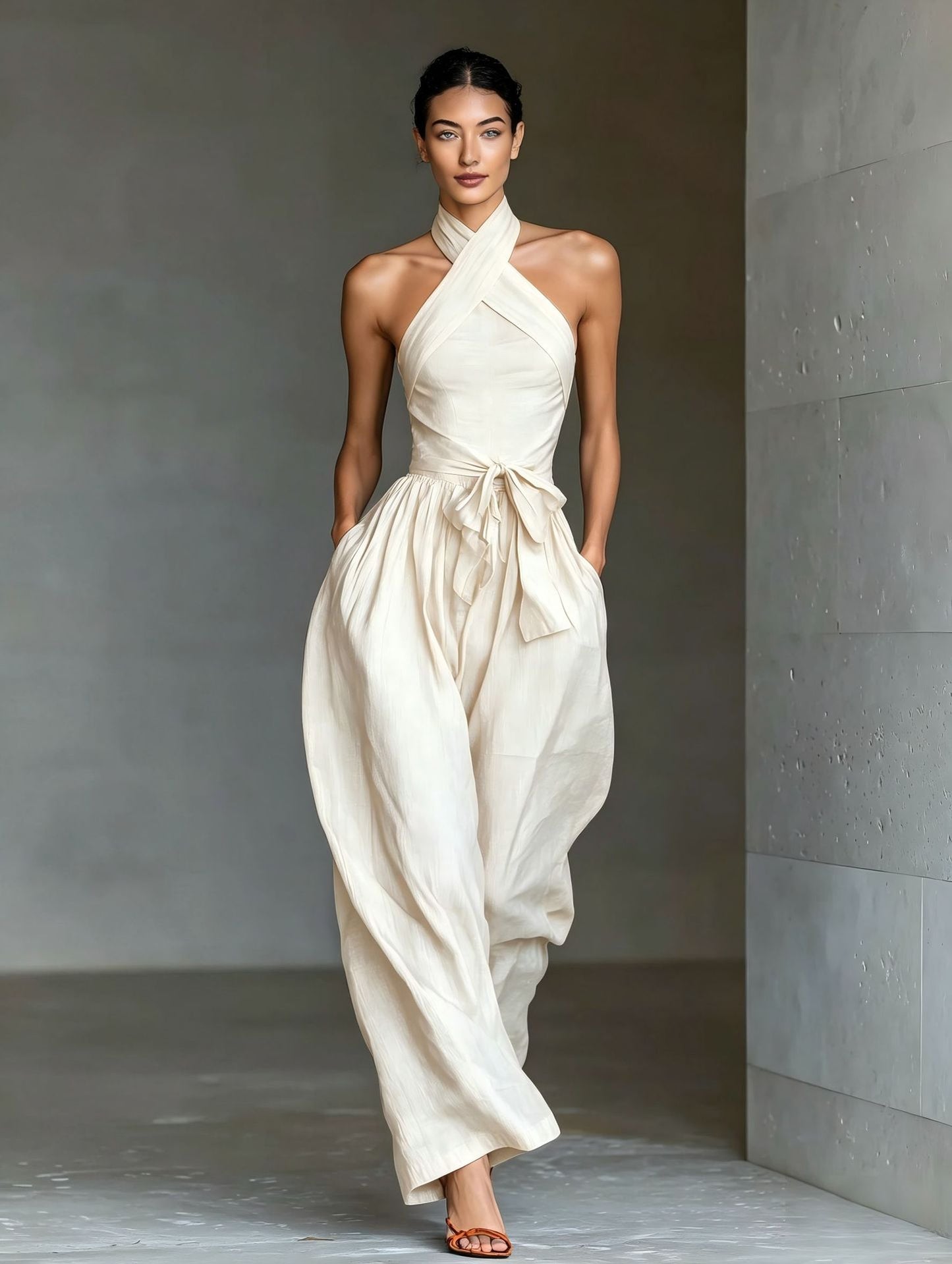 White Halter Neck Two Piece Set